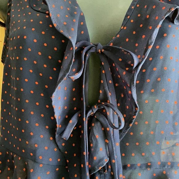 Forever 21 Sheer Peplum Navy and Orange Polkadot Crop Top Size Small - Picture 4 of 12